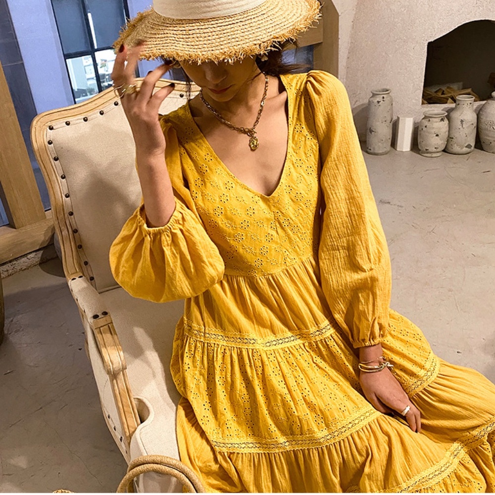 Boho open back eyelet v neck long sleeve maxi - Picture 6 of 8